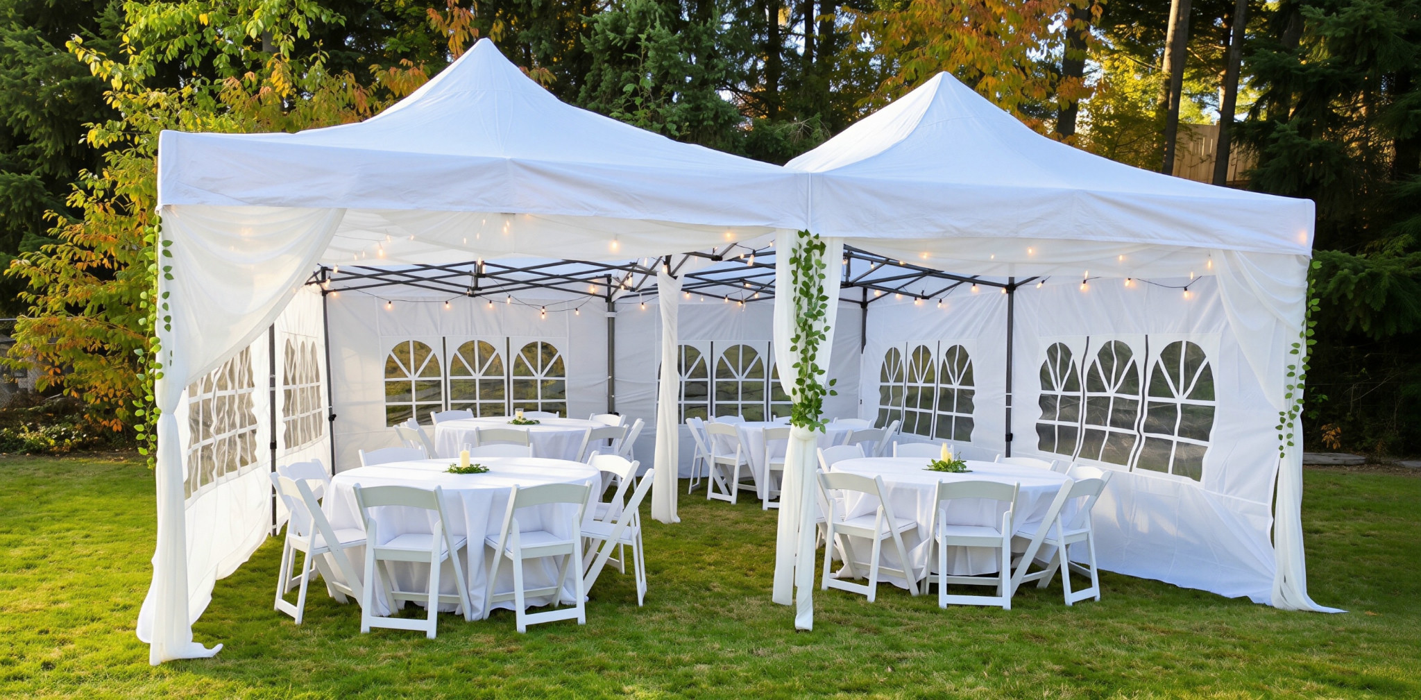 Actual $874 alternate package: exterior view of two tents with four round tables and white resin chairs