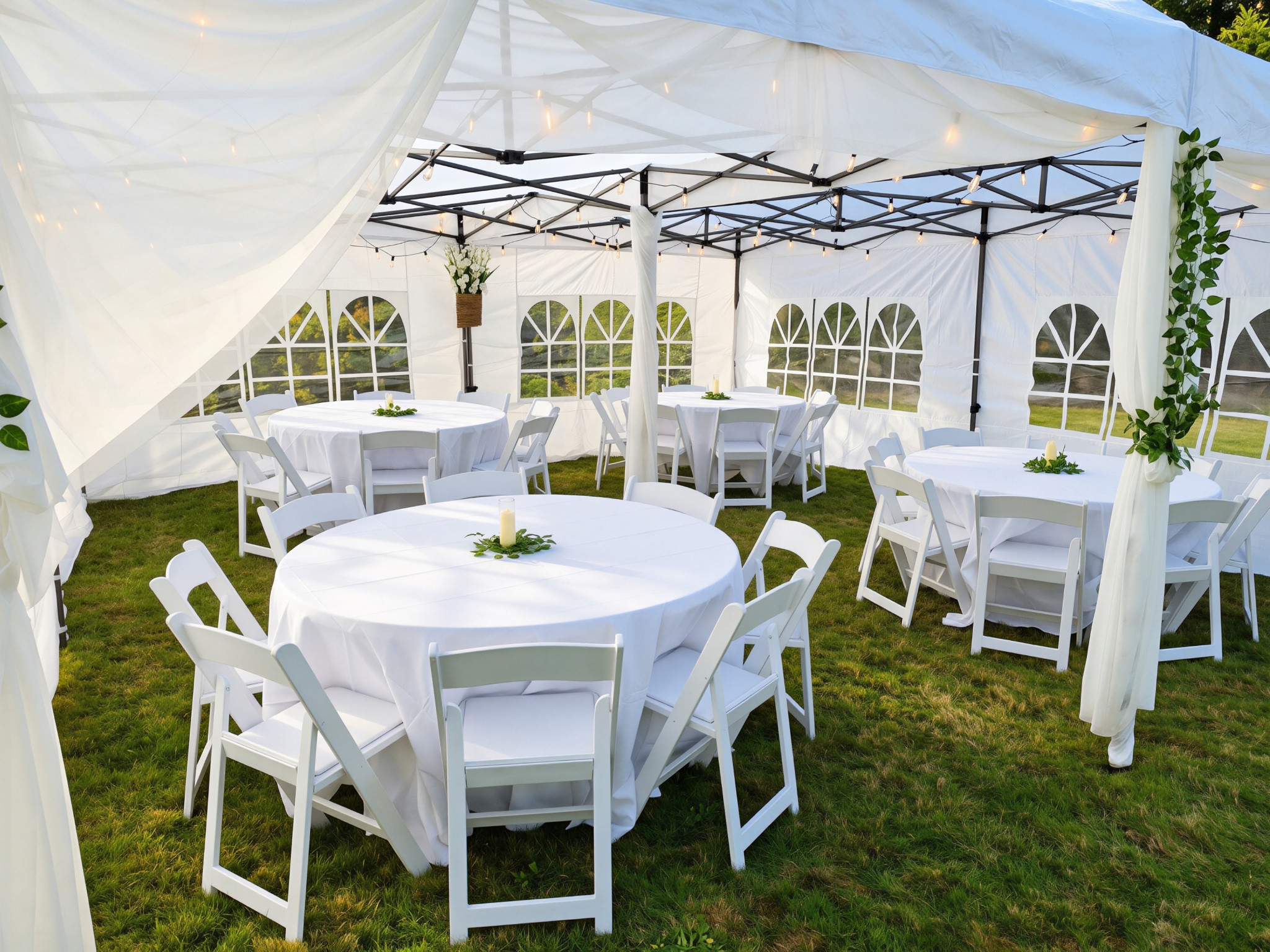 Actual $874 alternate package: interior view of four round tables, linens, centerpiece sets and bistro lights