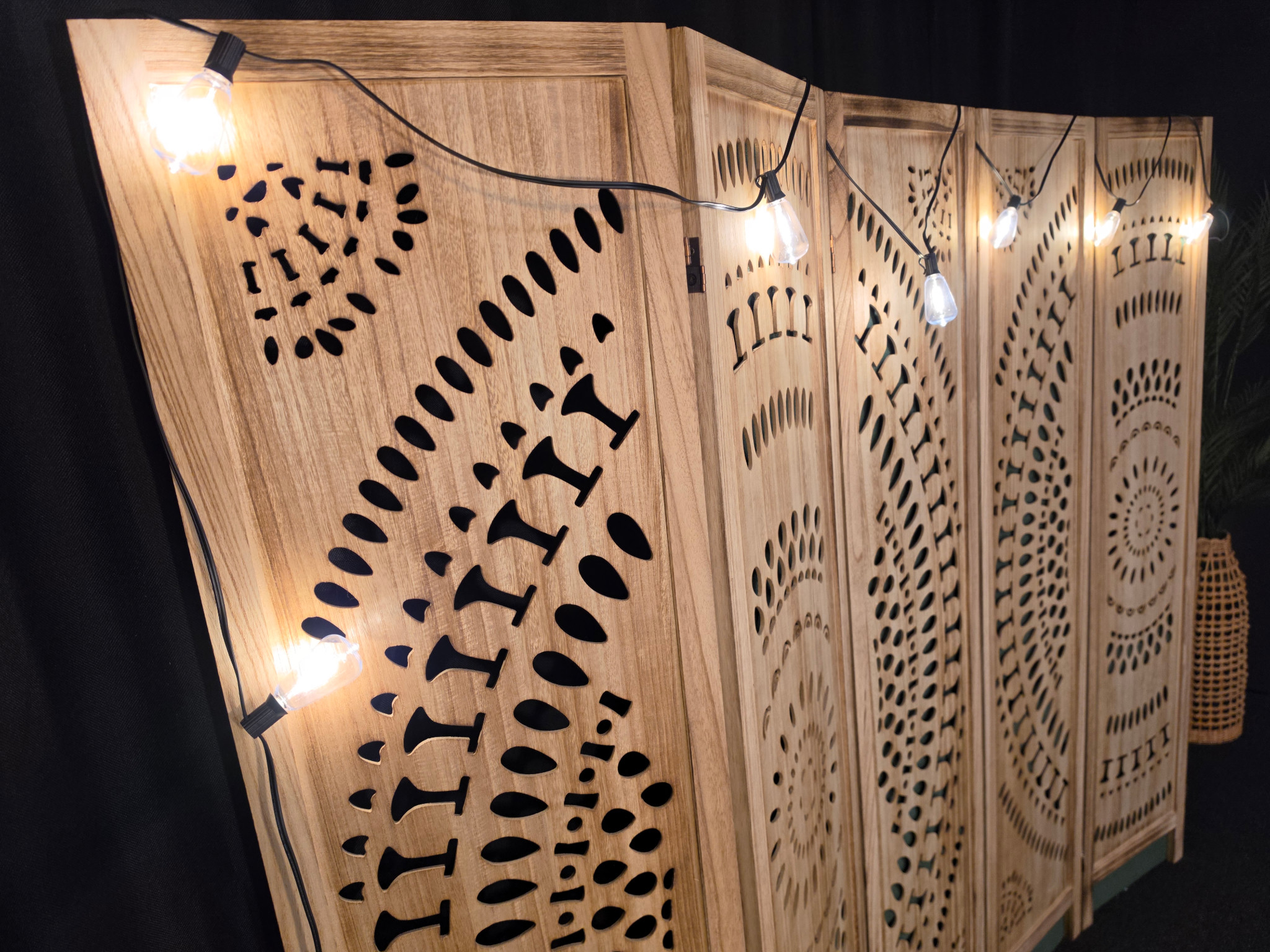Illuminated bistro string lights hung across a wooden display backdrop