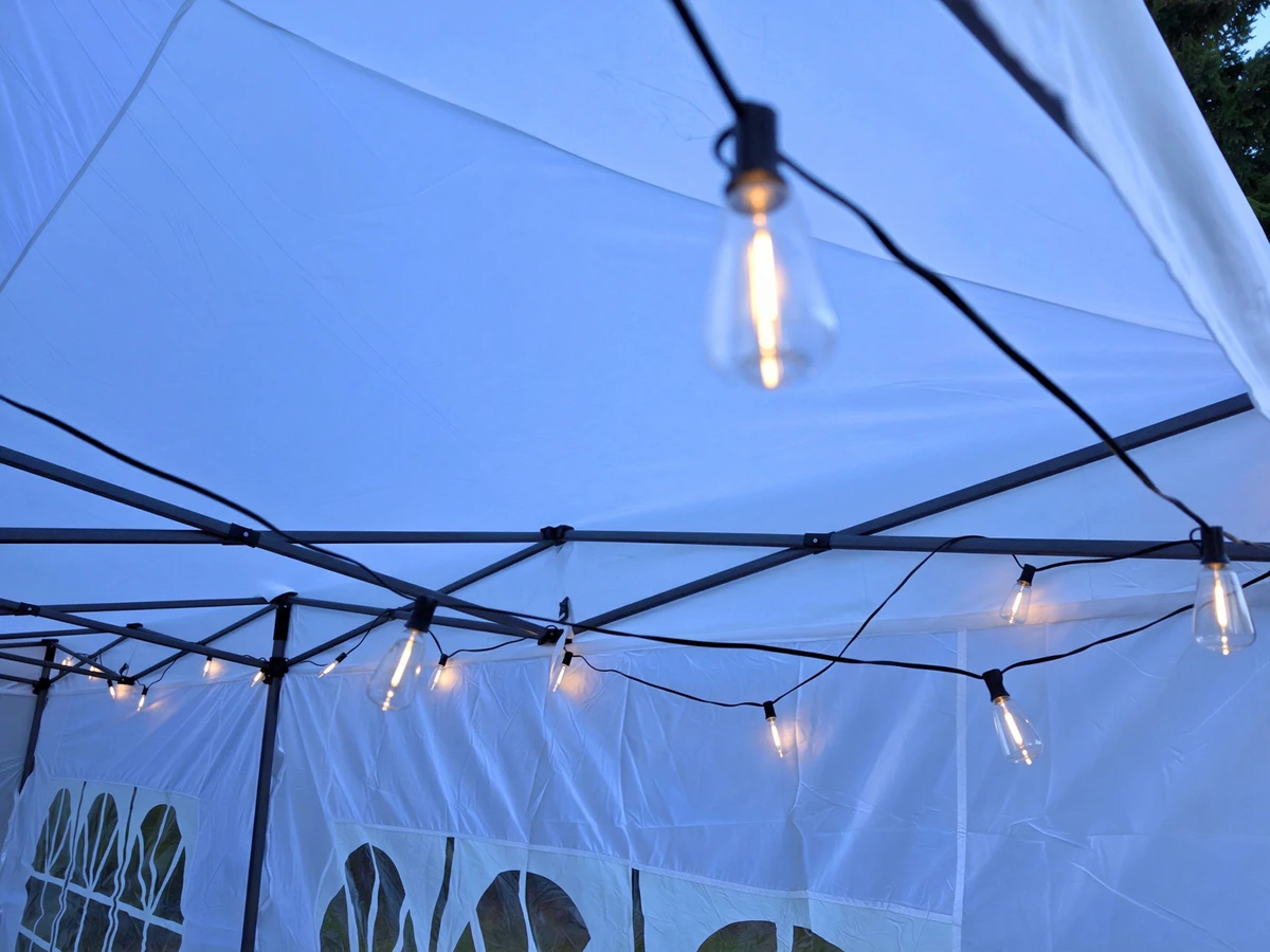 Actual illuminated bistro string lights hung beneath the white canopy