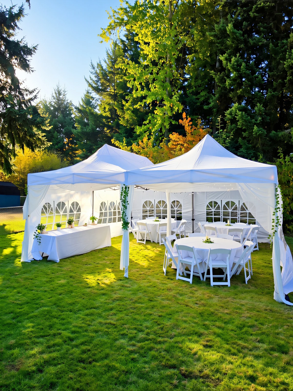 Actual outdoor mock setup with white canopies, round tables, chairs, and a buffet table styled with linens and greenery