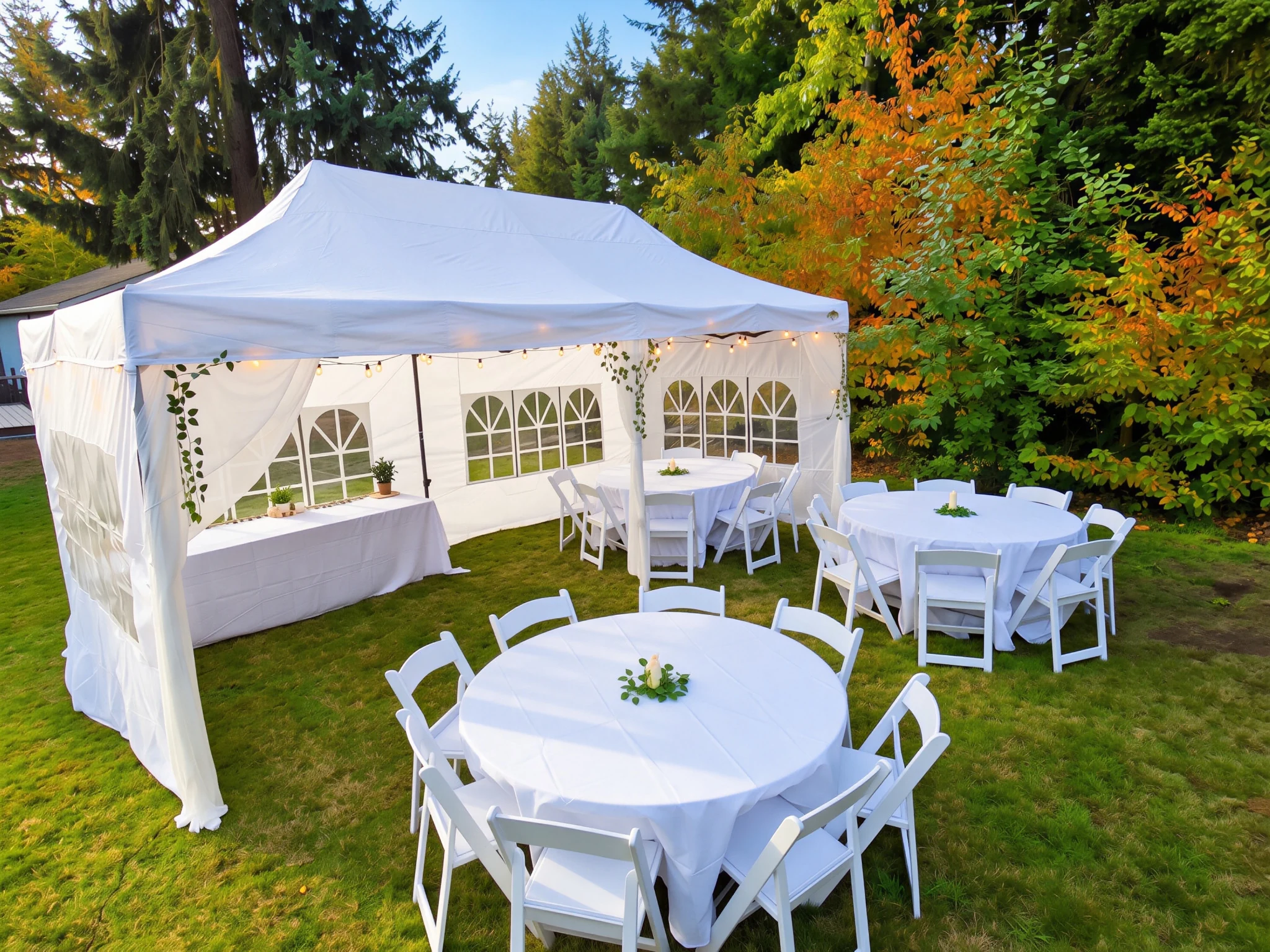 Standard smaller gathering setup with three round tables and a buffet table in daylight