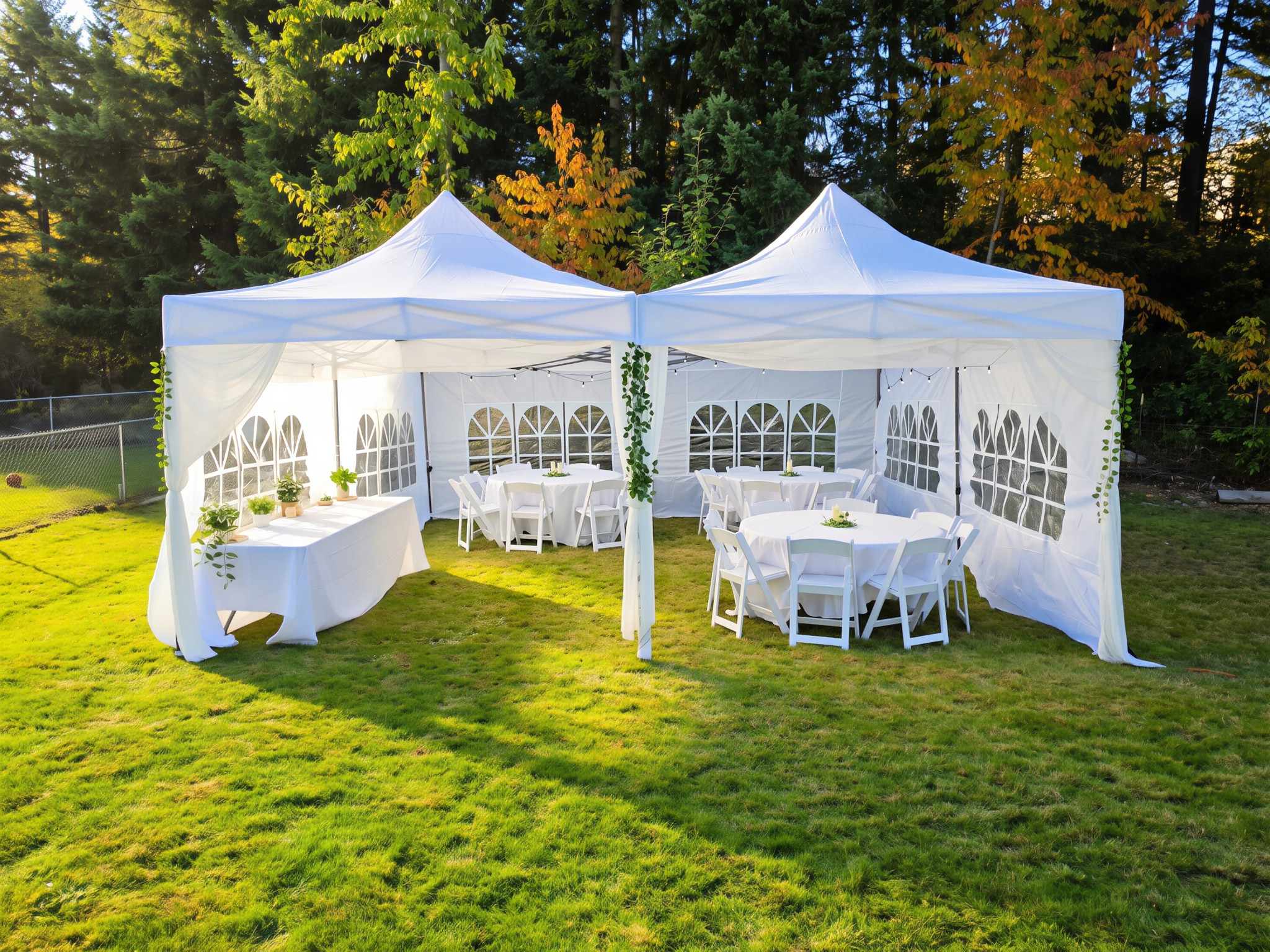 Actual two-tent package setup with round tables, chairs and buffet table