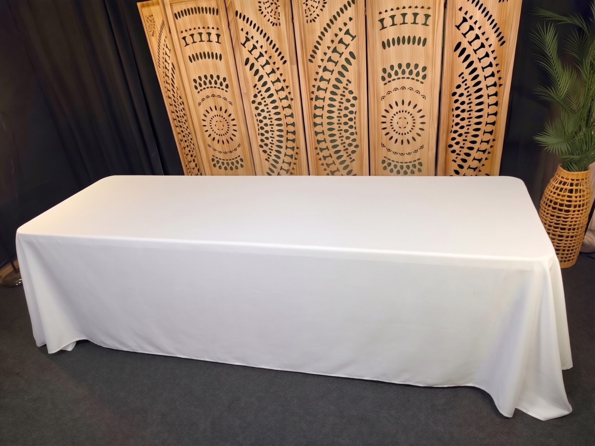 White linen styling example on the 8-foot table